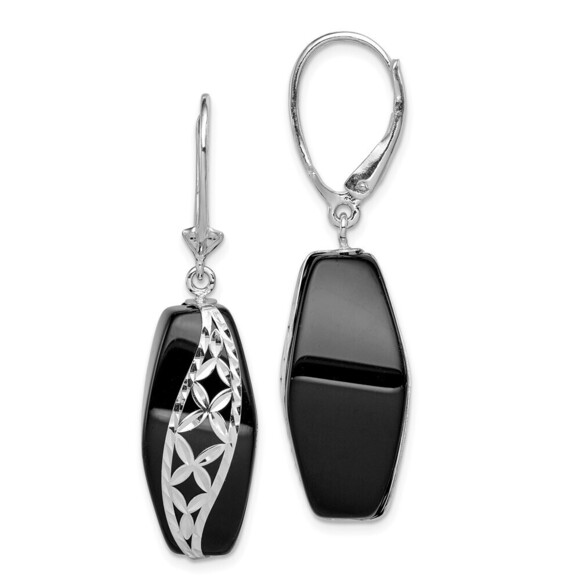 925 Sterling Silver Rhod-plated Polished & D/C Onyx Leverback Dangle Earrings